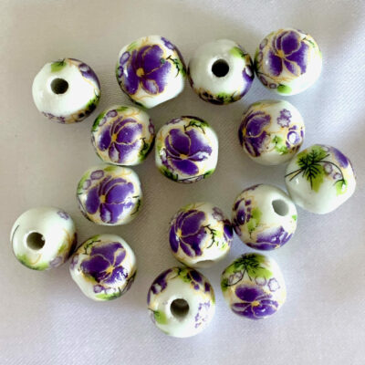 10mm Violet Ceramic Flower Round Beads