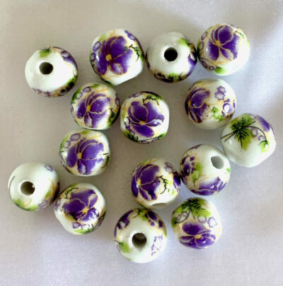10mm Violet Ceramic Flower Round Beads