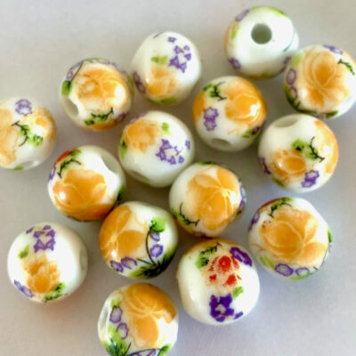10mm Orange Flower Round Ceramic Bead