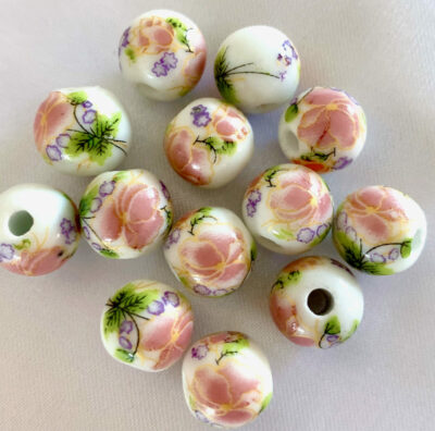 10mm Light Pink Ceramic Flower Round Beads