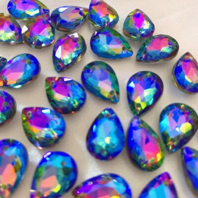 10x14mm Sew On Peacock AB Faceted Glass Tear Drop Shaped Silver Foiled Pointed Back Chaton