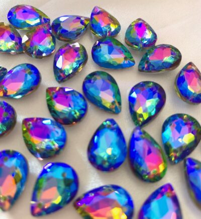 10x14mm Sew On Peacock AB Faceted Glass Tear Drop Shaped Silver Foiled Pointed Back Chaton