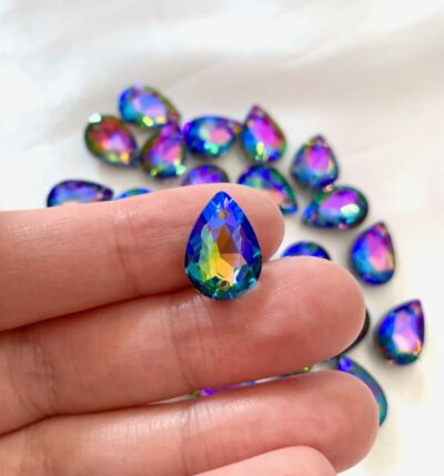 10x14mm Sew On Peacock AB Faceted Glass Tear Drop Shaped Silver Foiled Pointed Back Chaton - Image 2