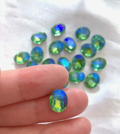 8x10mm Light Green AB Faceted Glass Silver Foiled Oval Pointed Back Chaton - Image 2