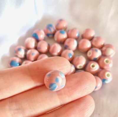 10mm Pink with Blue White Speckle Round Ceramic Bead - Image 2
