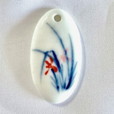 Hand Painted Blue Grass Red Flower Ceramic Porcelain Focal Oval Pendant