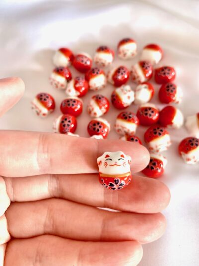 14mm Red Lucky Fortune Cat Maneki Neko Ceramic Bead - Image 2