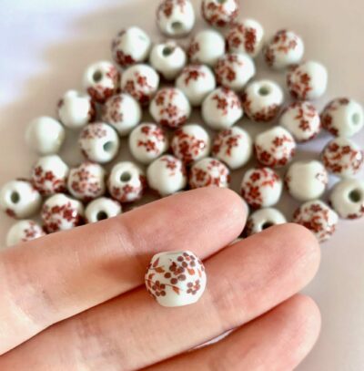 10mm Red Brown Floral Round Ceramic Bead - Image 2