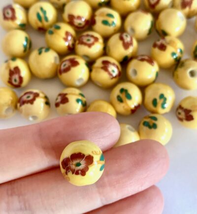 12mm Yellow Red Flower Round Ceramic Bead - Image 2