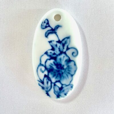 Hand Painted Blue Rose Focal Oval Ceramic Pendant