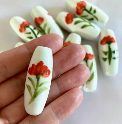 40mm Large Hand Painted Red Carnation Flower Ceramic Bead - Image 2