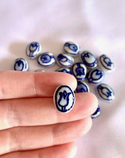 Hand Painted Blue Tulip Flat Oval Ceramic Bead - Image 2