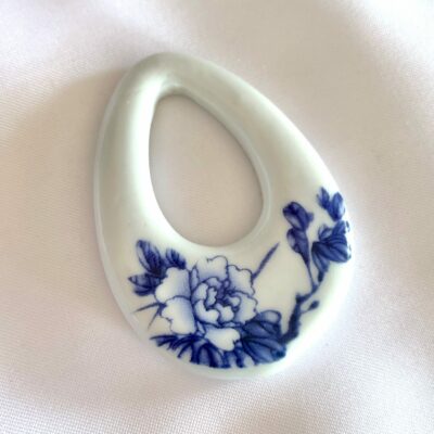 Delft Blue Peony Tear Shaped Donut Ceramic Focal Pendant