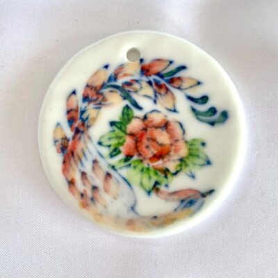 Hand Painted Phoenix & Peony Focal Round Ceramic Pendant (Large)